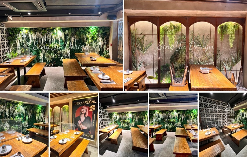 韓國餐廳裝修圖片-雨林工業風室內裝修設計-餐廳長虹玻璃自然裝飾牆設計佈置安裝-食肆假草牆裝修-水泥花磚間隔裝修-餐廳食肆翻新-Restaurant-Interior-Design-and-Renovation